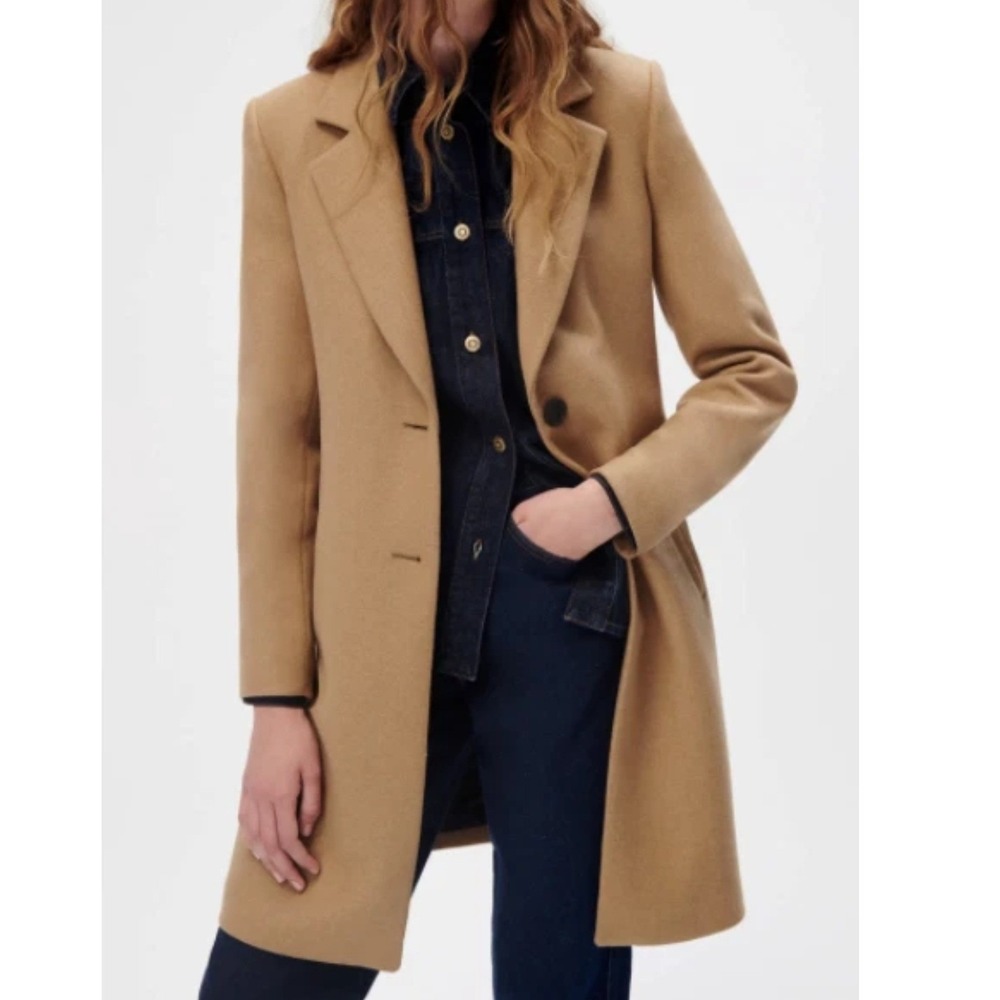 Zara Overcoat Women Small Tan Camel Wool Blend Notched Lapel 887